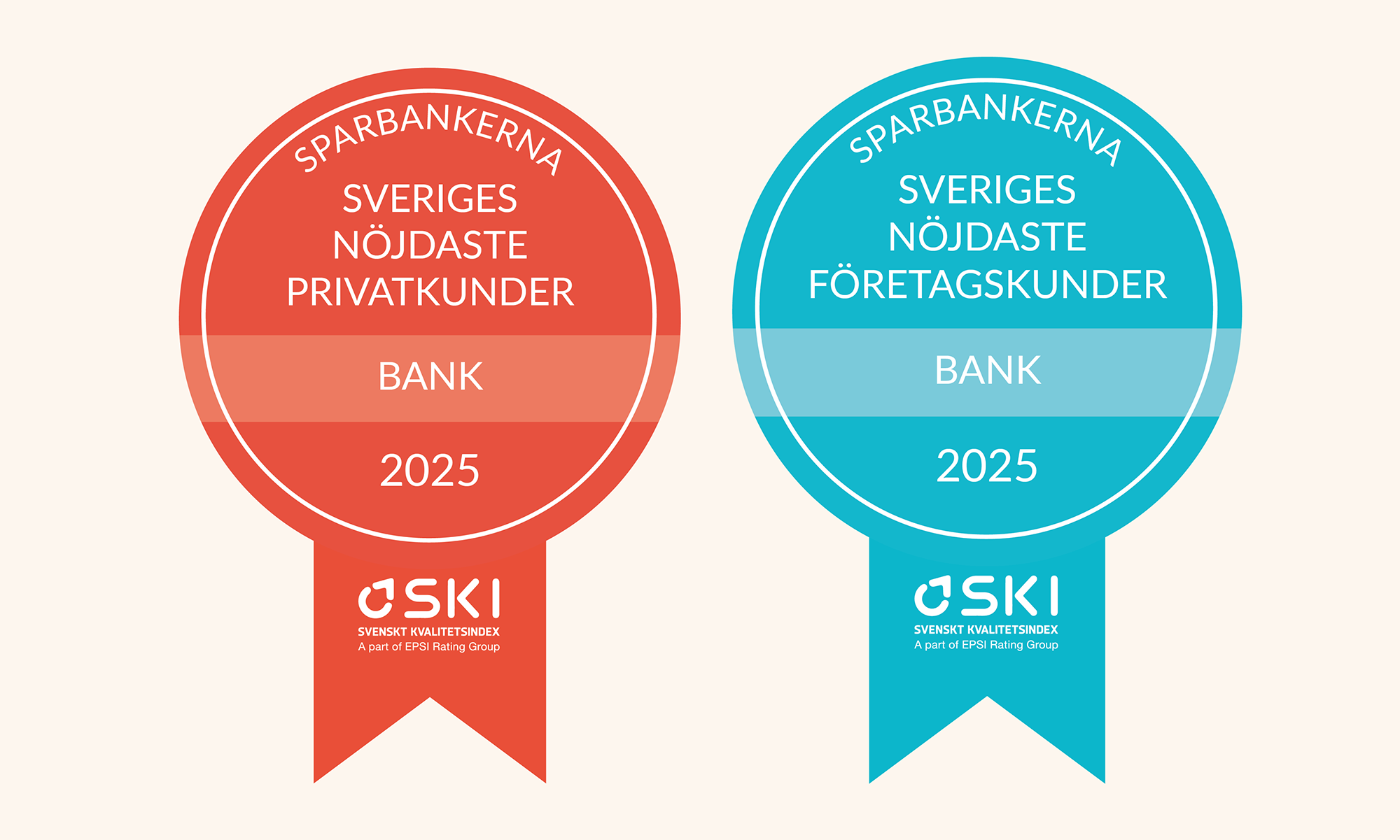 Två medaljer med text: Sparbankerna har Sveriges nöjdaste privat- och företagskunder.